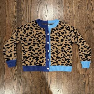 Leopard Intarsia Cardigan Sweater Blue Shades Trim Small